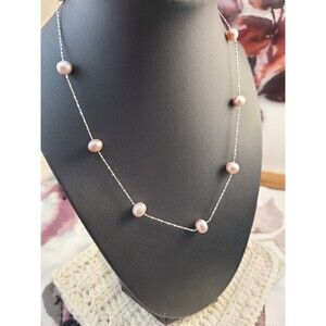 Sterling Silver Floating Pink Pearl Necklace 18" Dainty Elegant Bridal Jewelry